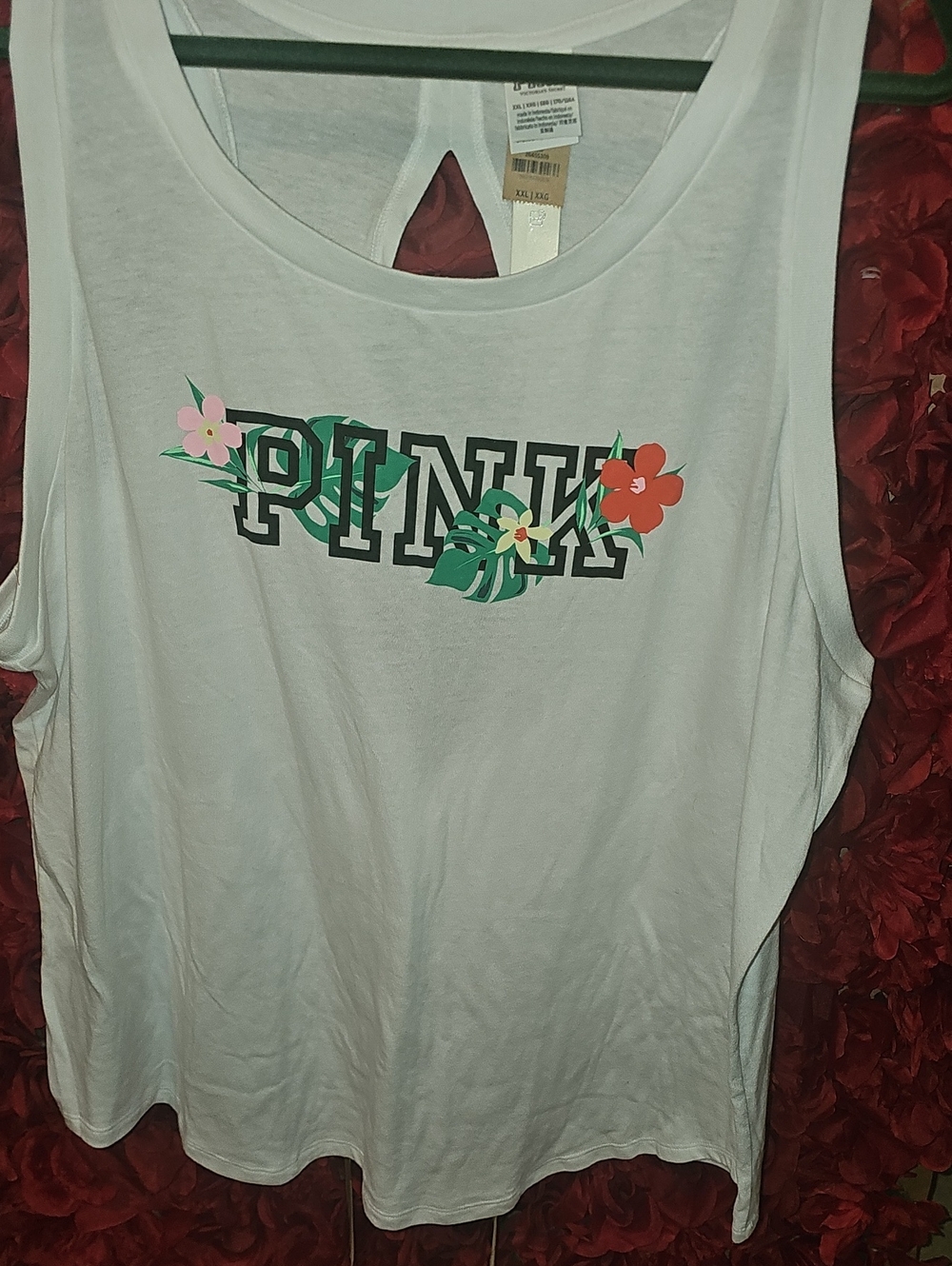PINK Victoria's Secret NWT White Tank w/ Tropical Floral Logo Back Slit Size XXL